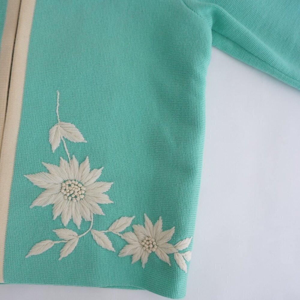 Vintage Teal w White Embroidered Floral Open Front Cardigan Sweater S - Picture 6 of 11